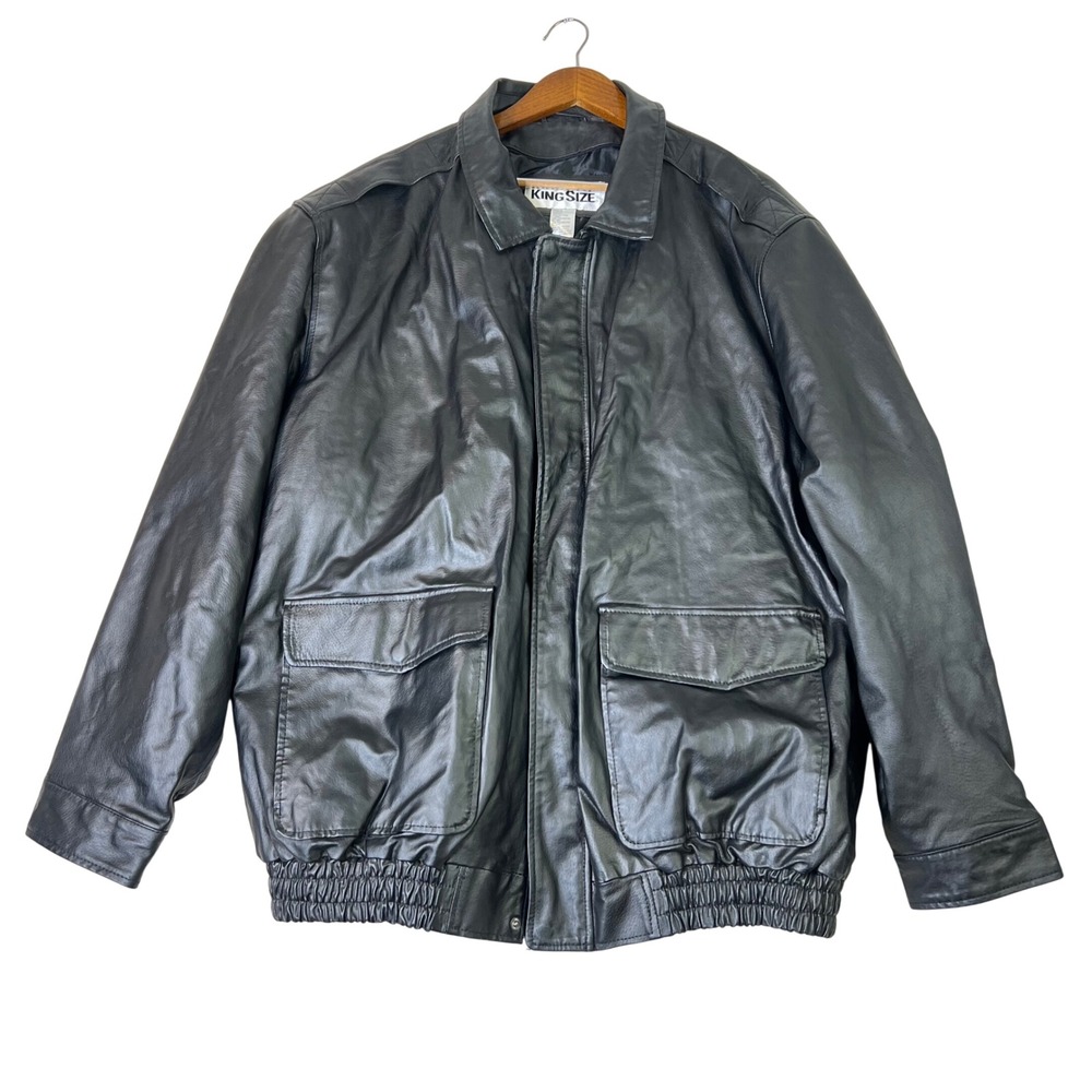 KingSize 100% Leather Black Bomber Flight Jacket Men 4XL Biker Aviation 80s 90s